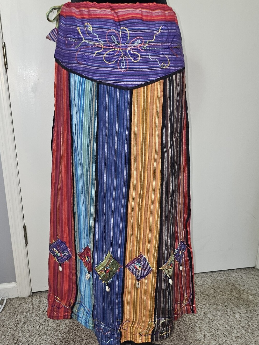 Nepalise Boho Patchwork Multi-Color Striped Maxi Skirt Sz Sm